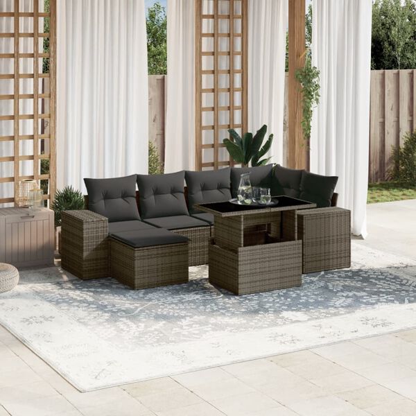 vidaXL 7-delige Loungeset met kussens poly rattan grijs