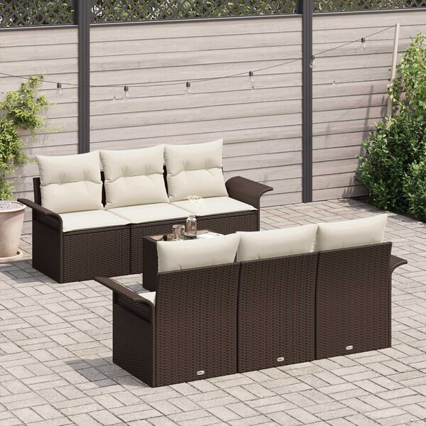 vidaXL Tuinbankenset met kussen 7 pcs Bruin en Crème poly rattan