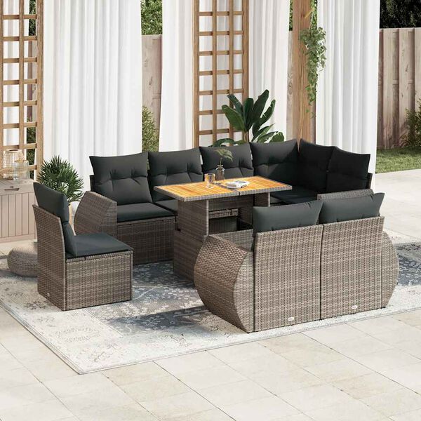 vidaXL 9-delige Loungeset met kussens poly rattan grijs