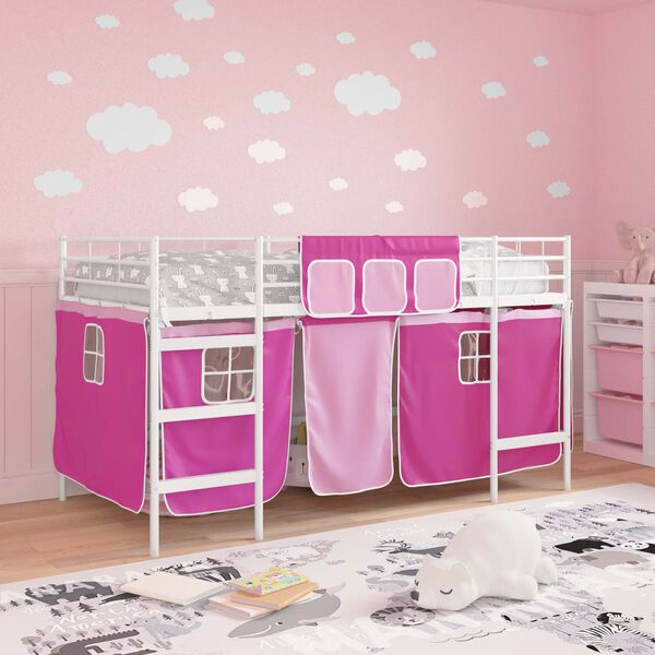vidaXL Loftbedframe voor Kinderen met Gordijnen Wit en Roze