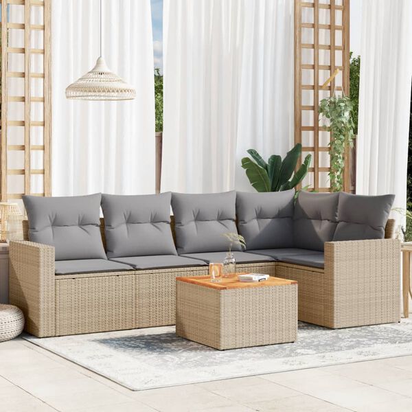 vidaXL 6-delige Loungeset met kussens poly rattan gemengd beige