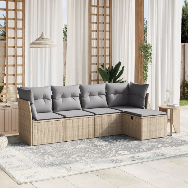 vidaXL 5-delige Loungeset met kussens poly rattan gemengd beige