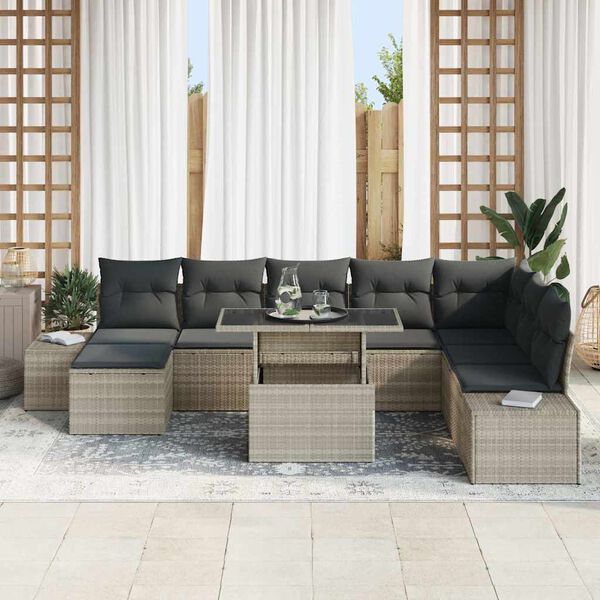 vidaXL Tuin Sofa Set met opslag 9 pcs Lichtgrijs Poly riet