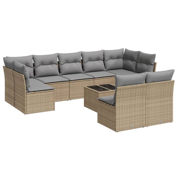 vidaXL 10-delige Loungeset met kussens poly rattan beige