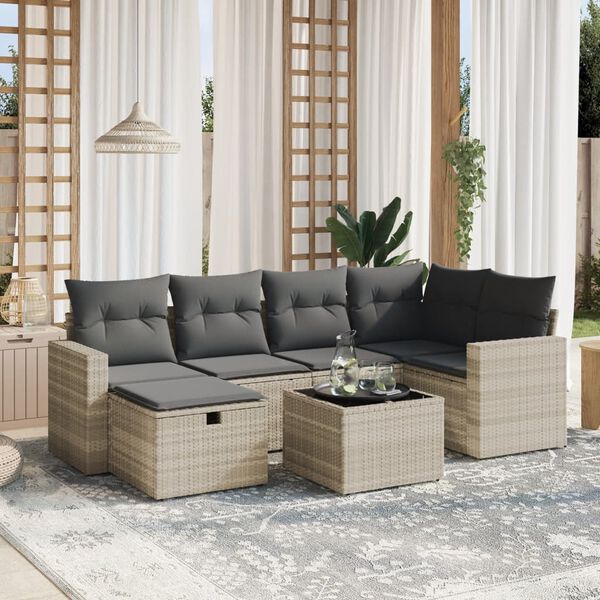 vidaXL 7-delige Loungeset met kussens poly rattan lichtgrijs