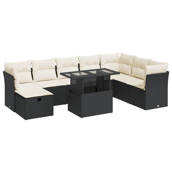 vidaXL 9-delige Loungeset met kussens poly rattan zwart