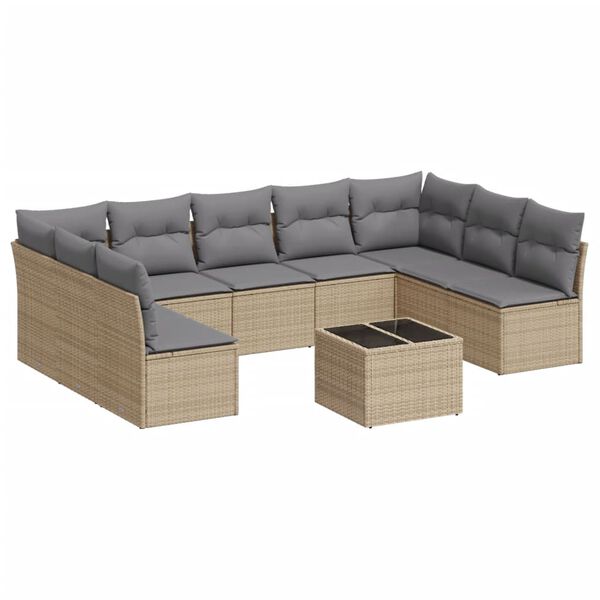 vidaXL 10-delige Loungeset met kussens poly rattan beige