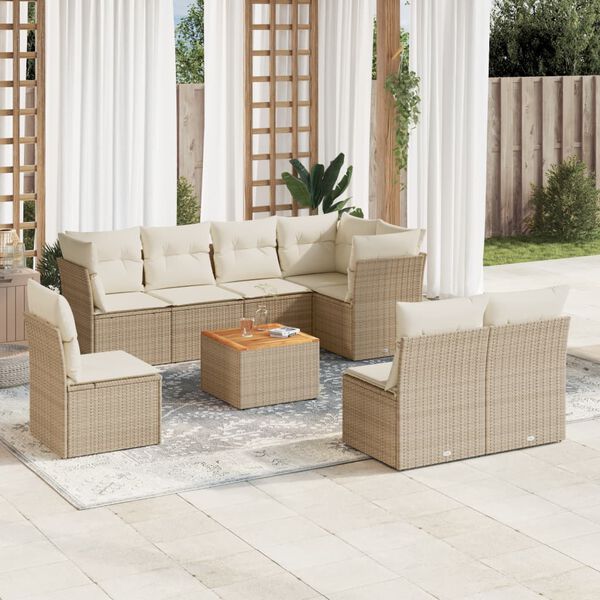 vidaXL 9-delige Loungeset met kussens poly rattan beige