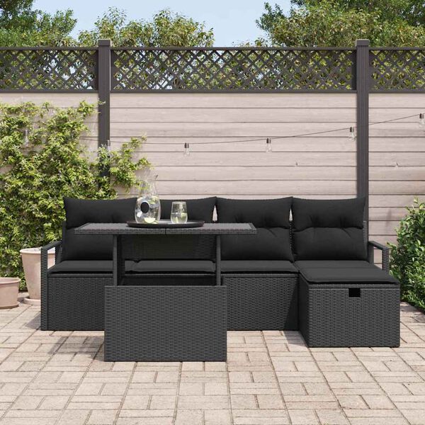 vidaXL Tuin Sofa Set met kussen met opslag 6 pcs Zwart Poly riet