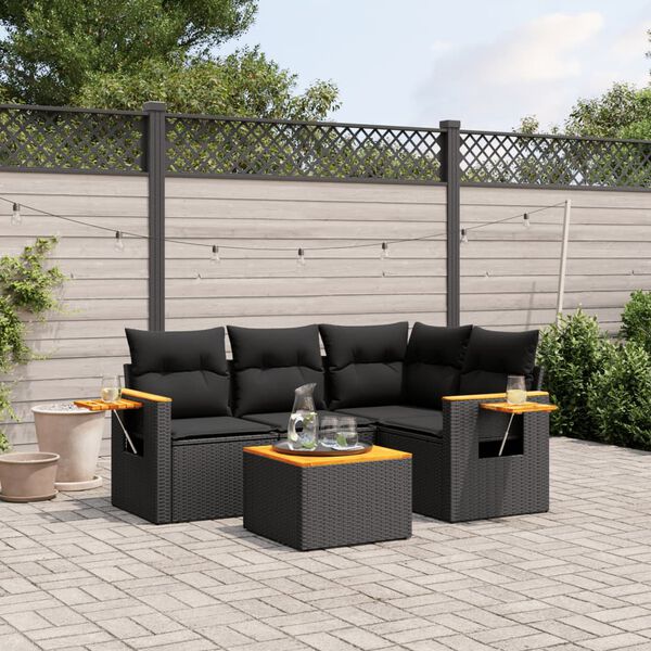 vidaXL 5-delige Loungeset met kussens poly rattan zwart
