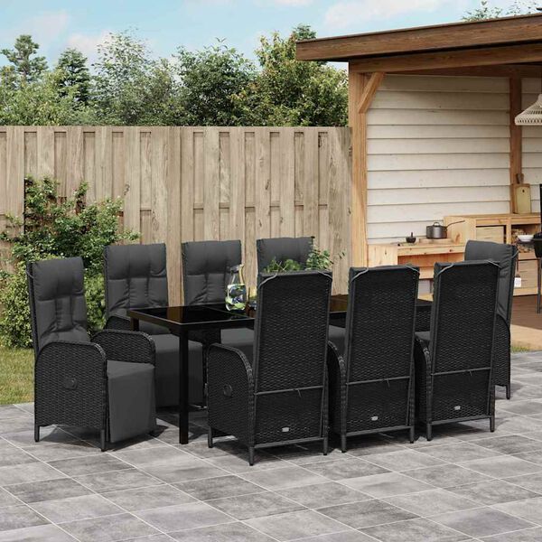 vidaXL Tuin eettafelset met kussen 9 pcs Zwart poly rattan