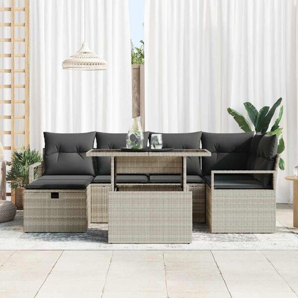 vidaXL Tuin Sofa Set met kussen met opslag 7 pcs Lichtgrijs Poly riet