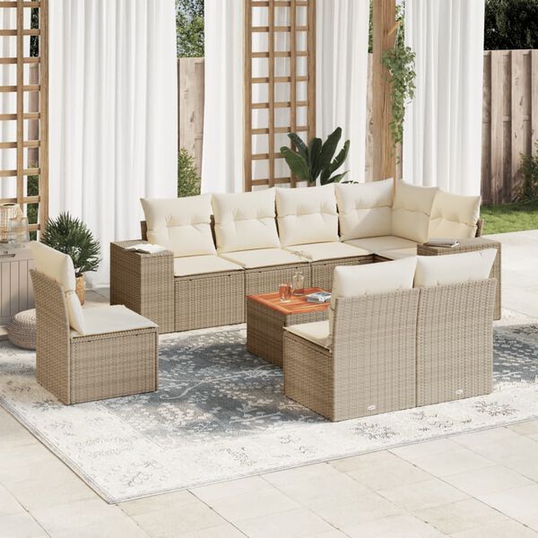 vidaXL 9-delige Loungeset met kussens poly rattan beige