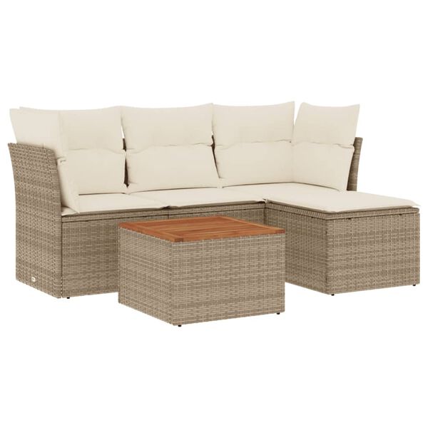 vidaXL 5-delige Loungeset met kussens poly rattan beige