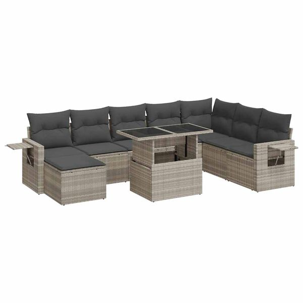 vidaXL 9-delige Loungeset met kussens poly rattan lichtgrijs