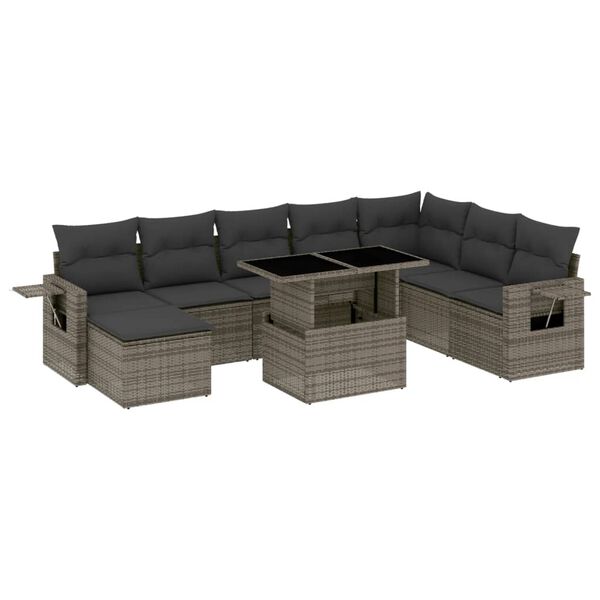 vidaXL 9-delige Loungeset met kussens poly rattan grijs
