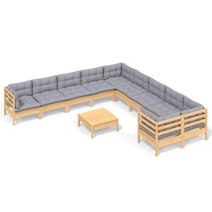 vidaXL 11-delige Loungeset met grijze kussens grenenhout
