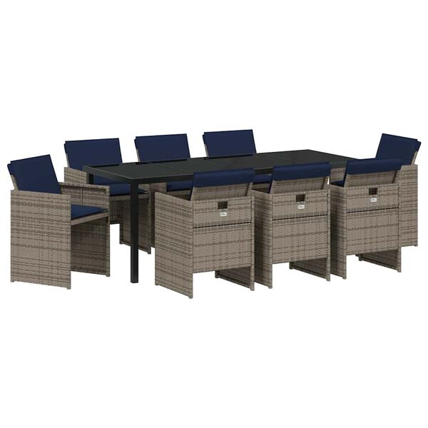 vidaXL Tuin eettafelset met kussen 9 pcs Grijs poly rattan