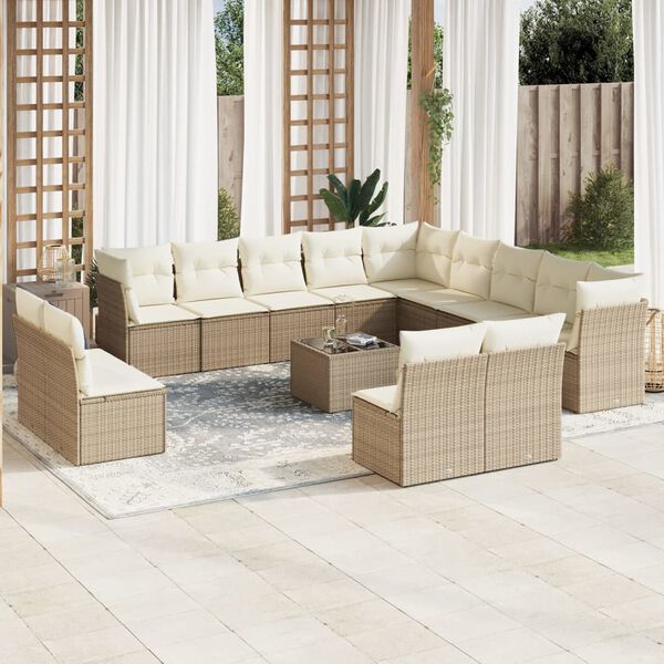 vidaXL 14-delige Loungeset met kussens poly rattan beige