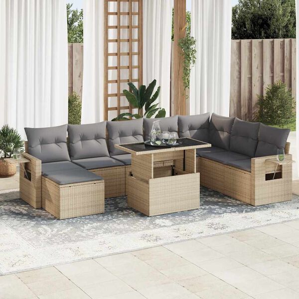 vidaXL 9-delige Loungeset met kussens poly rattan beige