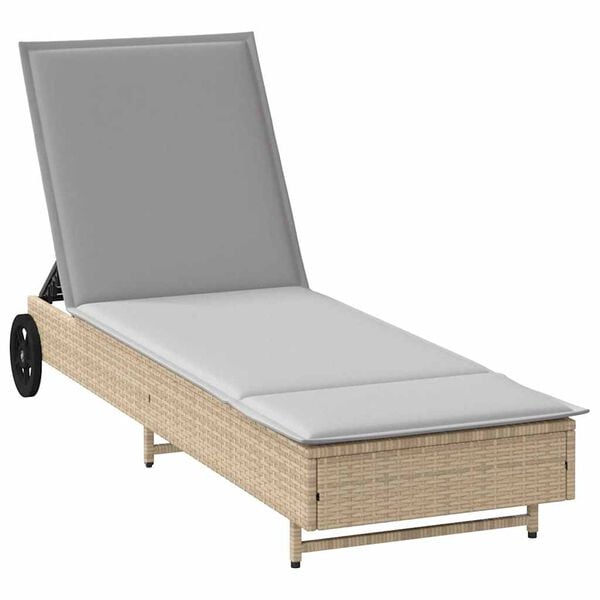 vidaXL Ligbed met wielen en kussen poly rattan beige