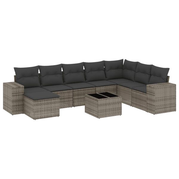 vidaXL 9-delige Loungeset met kussens poly rattan grijs