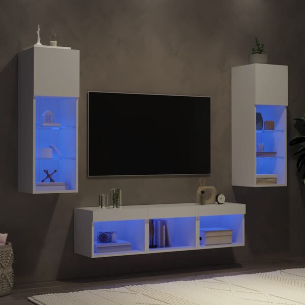 vidaXL 5-delige Tv-wandmeubelset met LED-verlichting bewerkt hout wit