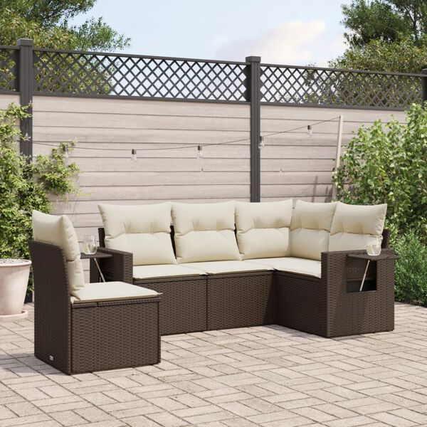 vidaXL 5-delige Loungeset met kussens poly rattan bruin