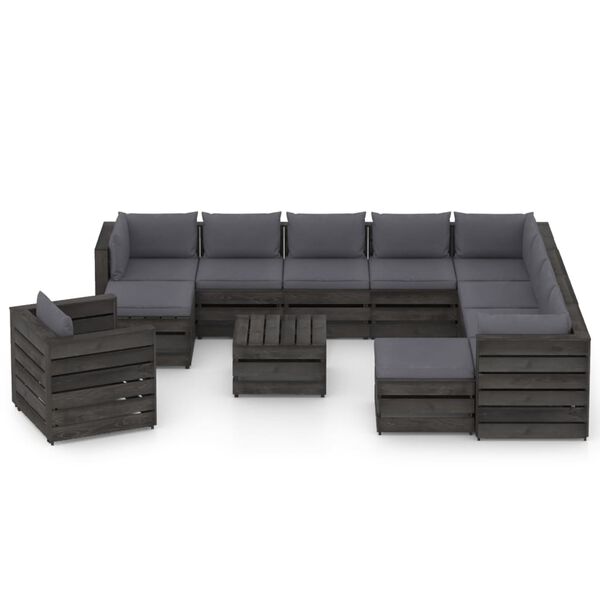 vidaXL 12-delige Loungeset met kussens grijs ge&iuml;mpregneerd hout