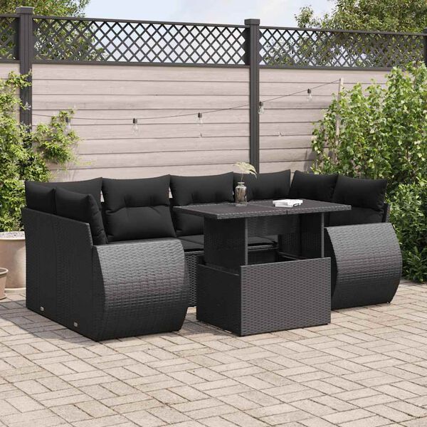 vidaXL 7-delige Loungeset met kussens poly rattan zwart