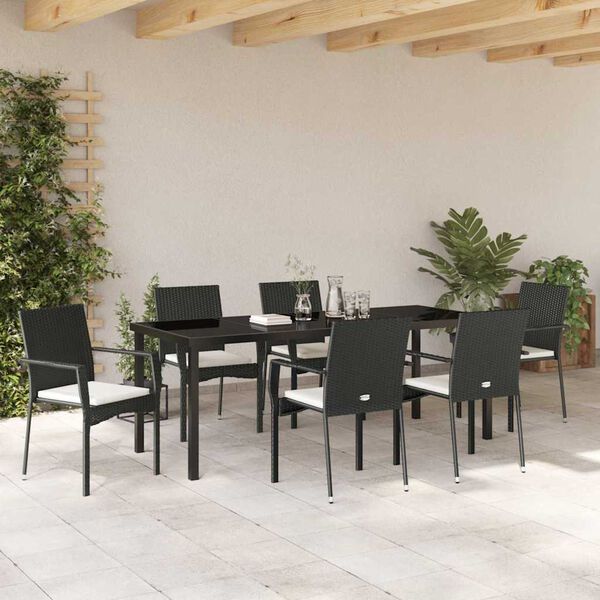 vidaXL Tuin eettafelset met kussen 7 pcs Zwart poly rattan