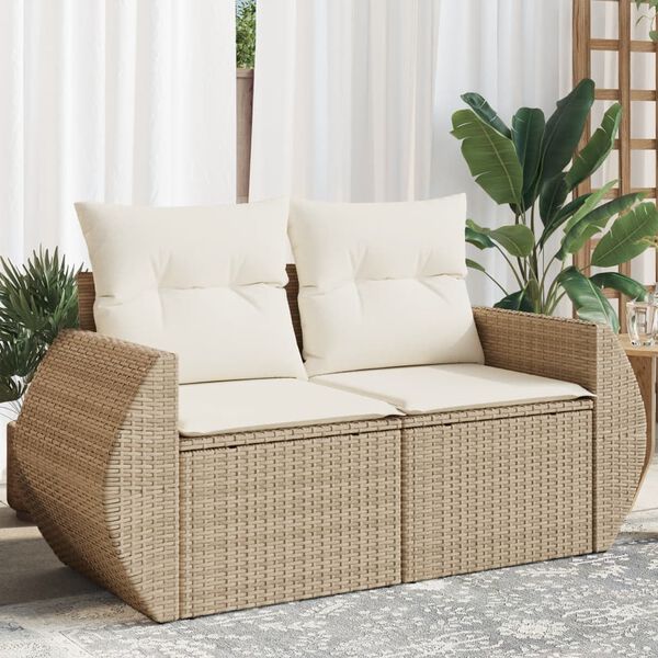 vidaXL Tuinbank 2-zits met kussens poly rattan beige