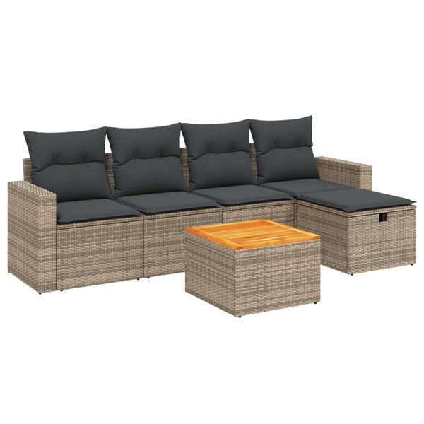 vidaXL 6-delige Loungeset met kussens poly rattan grijs