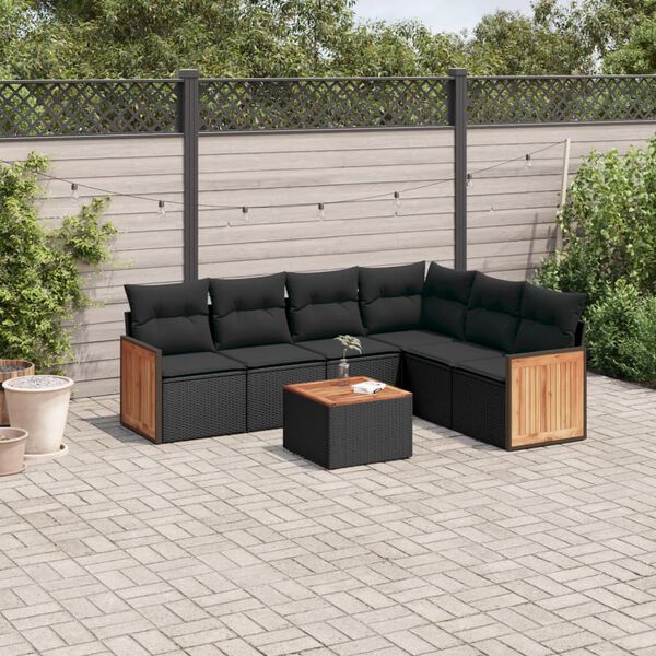 vidaXL 7-delige Loungeset met kussens poly rattan zwart