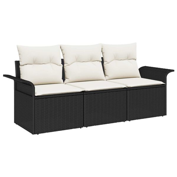 vidaXL Bankstel met kussen 3 pcs Zwart poly rattan