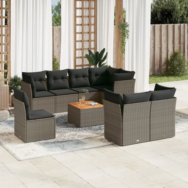 vidaXL 9-delige Loungeset met kussens poly rattan grijs