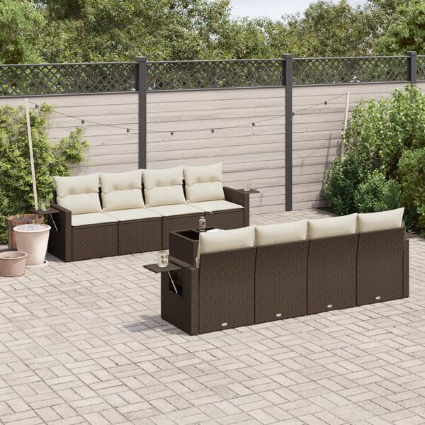 vidaXL 9-delige Loungeset met kussens poly rattan bruin