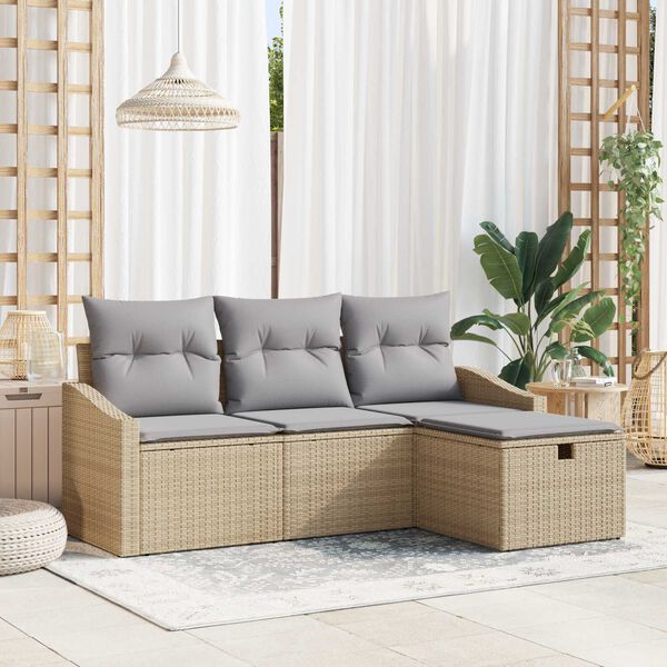 vidaXL Bankstel met kussen met opslag 4 pcs Beige poly rattan