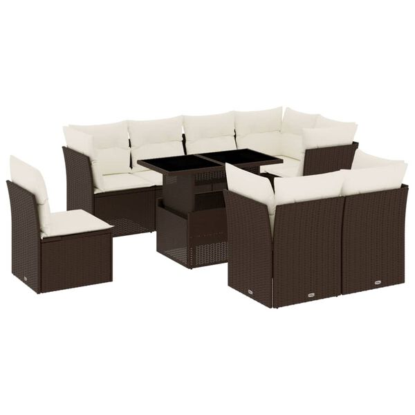 vidaXL 9-delige Loungeset met kussens poly rattan bruin