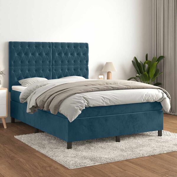 vidaXL Boxspring met matras fluweel donkerblauw 140x200 cm