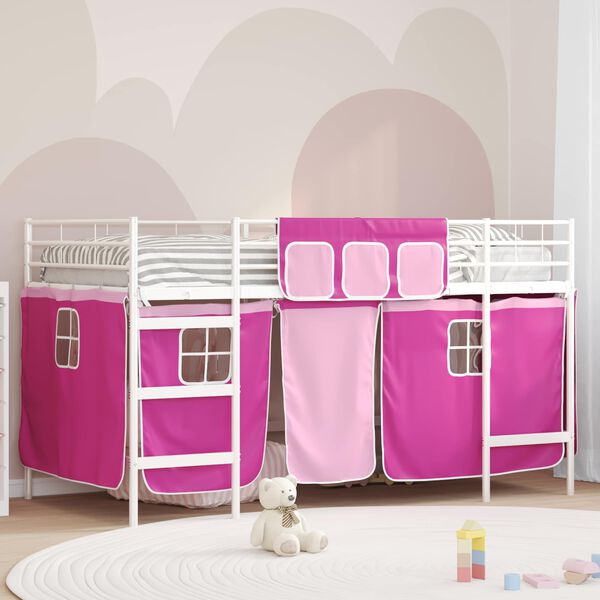 vidaXL Loftbedframe voor Kinderen met Gordijnen Wit en Roze