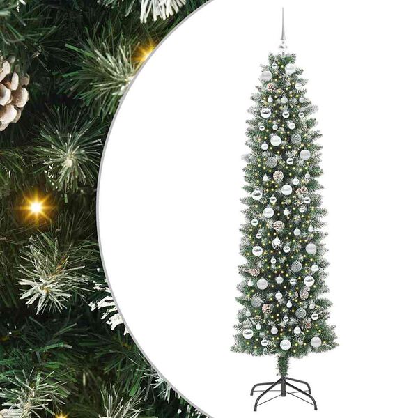 vidaXL Kunstmatige slanke kerstboom met 300 LED Groen en Wit 210 cm