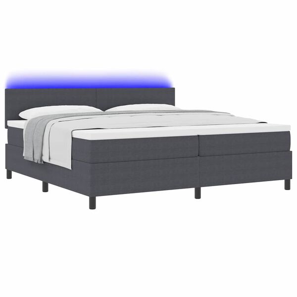 vidaXL LED Box Spring Bed Donkergrijs en Wit 200 x 200 cm Katoen Stof