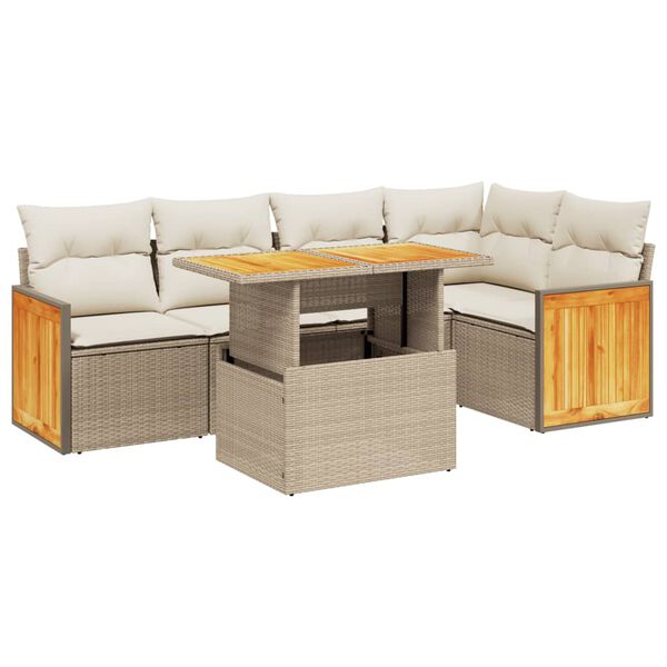 vidaXL 6-delige Loungeset met kussens poly rattan beige