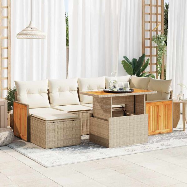 vidaXL 7-delige Loungeset met kussens poly rattan acacia beige