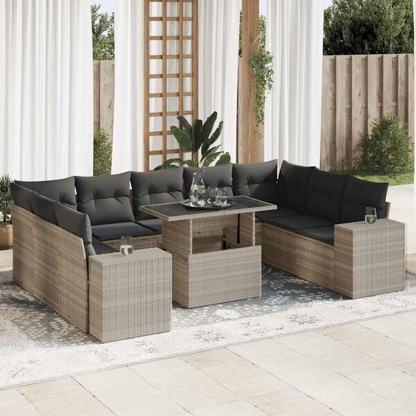 vidaXL 10-delige Loungeset met kussens poly rattan lichtgrijs