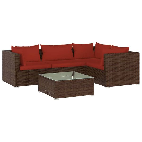 vidaXL 5-delige Loungeset met kussens poly rattan bruin