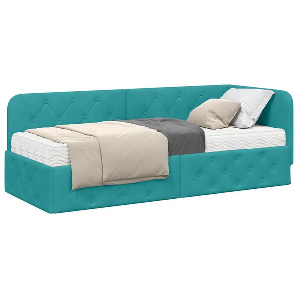 vidaXL Hoekbedframe met matras Turquoise 80 x 200 cm Fluweel