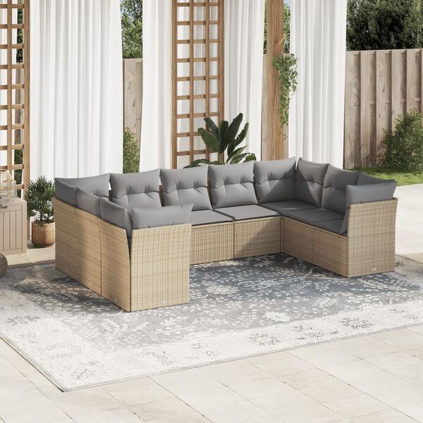 vidaXL 9-delige Loungeset met kussens poly rattan beige