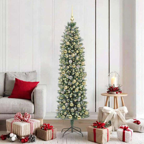 vidaXL Kunstmatige slanke kerstboom met 300 LED Groen en Wit 180 cm